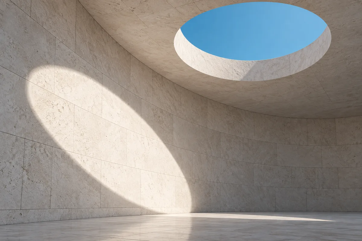 A circular skylight illuminating a curved limestone wall